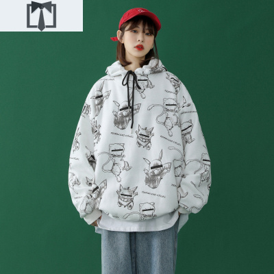 SUNTEK连帽卫衣女宽松韩版怪味上衣2020年新款秋冬复古港味日系卡通外套卫衣