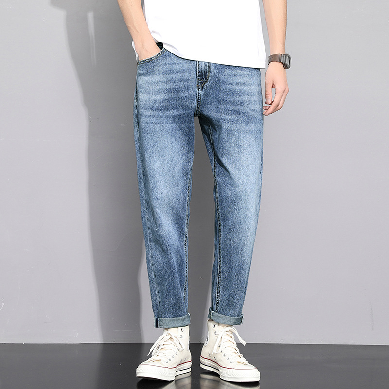潮牌通勤风牛仔裤 男款九分锥形哈伦 春季水洗蓝休闲长裤男装