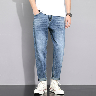 潮牌通勤风牛仔裤 男款九分锥形哈伦 春季水洗蓝休闲长裤男装