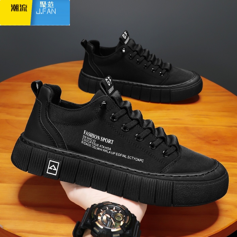 聚范纯黑色帆布男鞋2024新款夏季透气一脚蹬休闲板鞋男士防滑运动潮鞋