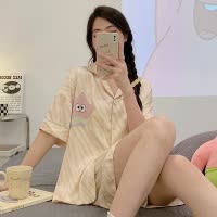 睡衣女夏季冰丝短袖短裤薄款2026条纹卡通印花宽松大码可外穿家居