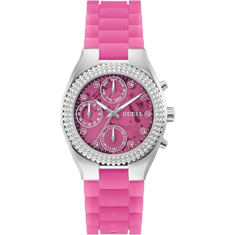 GUESS女款mm粉色多功能水晶腕表时尚优雅支持公益事业