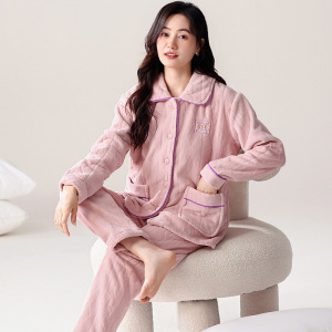 新款珊瑚绒睡衣女秋冬款保暖法兰绒可外翻领穿女士家居服套装