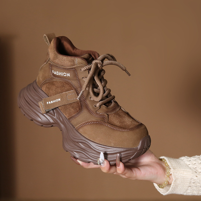 头层牛皮秋冬新款透气休闲运动系带女鞋厚底小个子百搭老爹鞋