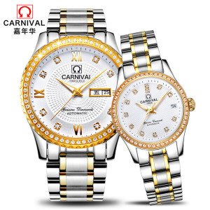 正品瑞士嘉年华Carnival手表新款全自动机械表 男女情侣对表休闲时尚夜光圈钻情侣手表金属精钢一对表Q-8629