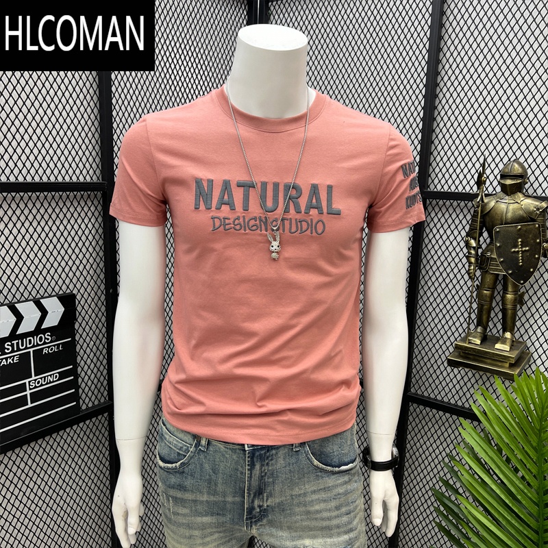 HLCOMAN夏季短袖t恤男装上衣服字母刺绣体恤新款修身帅气百搭衣服潮牌ins