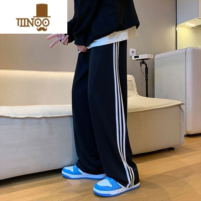 YANXU三条杠裤子男秋季新款潮牌痞帅直筒卫裤宽松运动阔腿条纹休闲长裤