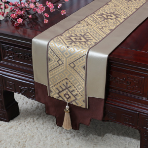 新中式古典玉桌旗茶几长条布艺中国风桌布床柜旗电视柜盖布 简欧提花金 34*250适合桌长190-200CM