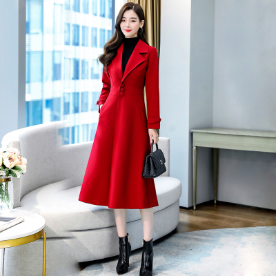 FISHBASKET2020年新款毛呢大衣女中长款韩版修身小个子过膝红色呢外套毛呢外套
