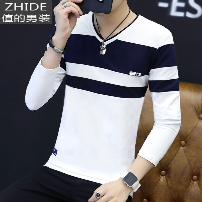 SUNTEK男士长袖t恤V领冬季加绒潮流上衣服棉秋衣丅男装体桖保暖打底衫T恤