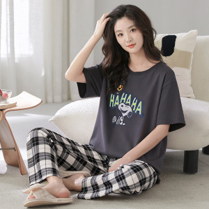 带胸垫睡衣女夏季新款短袖长裤圆领棉质甜美简约少女可外穿家居服