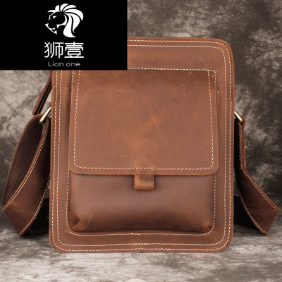 狮壹（Lionone）头层牛皮斜挎包男复古疯马皮单肩包休闲真皮电脑包硬牛皮包iPad包