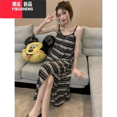 YIBUSHENG胖妹妹大码季法式复古显瘦条纹吊带裙宽松休闲过膝开叉连衣裙女