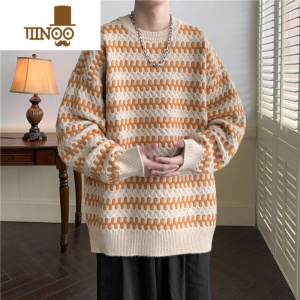 YANXU条纹毛衣男2023年港风潮牌日系复古学生休闲百搭圆领针织衫