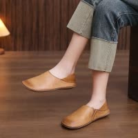 头层牛皮单鞋女2026春季新款平底软底透气圆头叠穿复古休闲女鞋