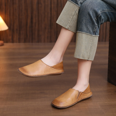 头层牛皮单鞋女2026春季新款平底软底透气圆头叠穿复古休闲女鞋