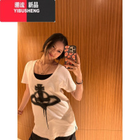 YIBUSHENG美式复古土星印花白色短袖T恤宽松季女oversize休闲圆领上衣