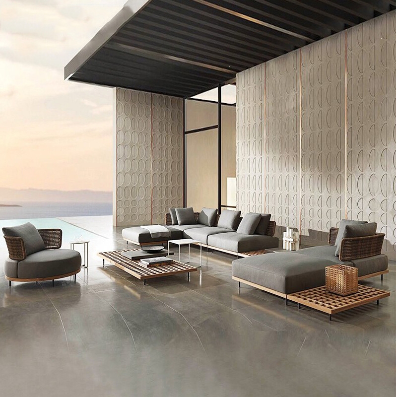 古达定制户外北欧阳光房别墅酒店样板房藤编庭院木沙发茶几