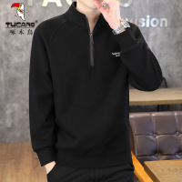 啄木鸟卫衣男士2025年秋季新款宽松休闲黑色半拉炼立领长袖T恤男