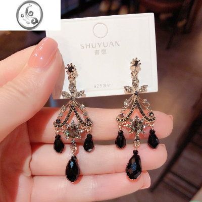 JiMi复古宫廷风奢华黑色水晶耳环2022年新款潮气质网红银针耳钉耳饰女