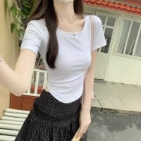 含棉 夏季设计感纯欲风甜辣妹性感u领短袖T恤女装不规则短款上衣