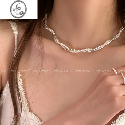 JiMi双层叠戴颈链碎银子珍珠项链女夏轻奢小众锁骨链2023新款配饰