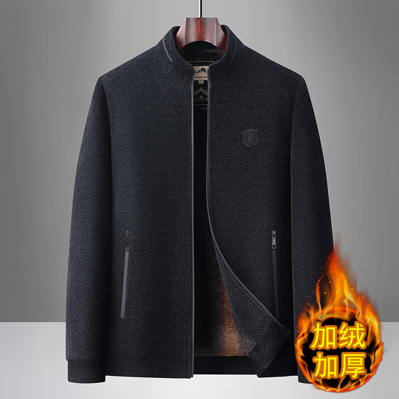 爸爸雪尼尔外套男秋冬款加绒加厚中老年毛呢保暖夹克中年男士冬装