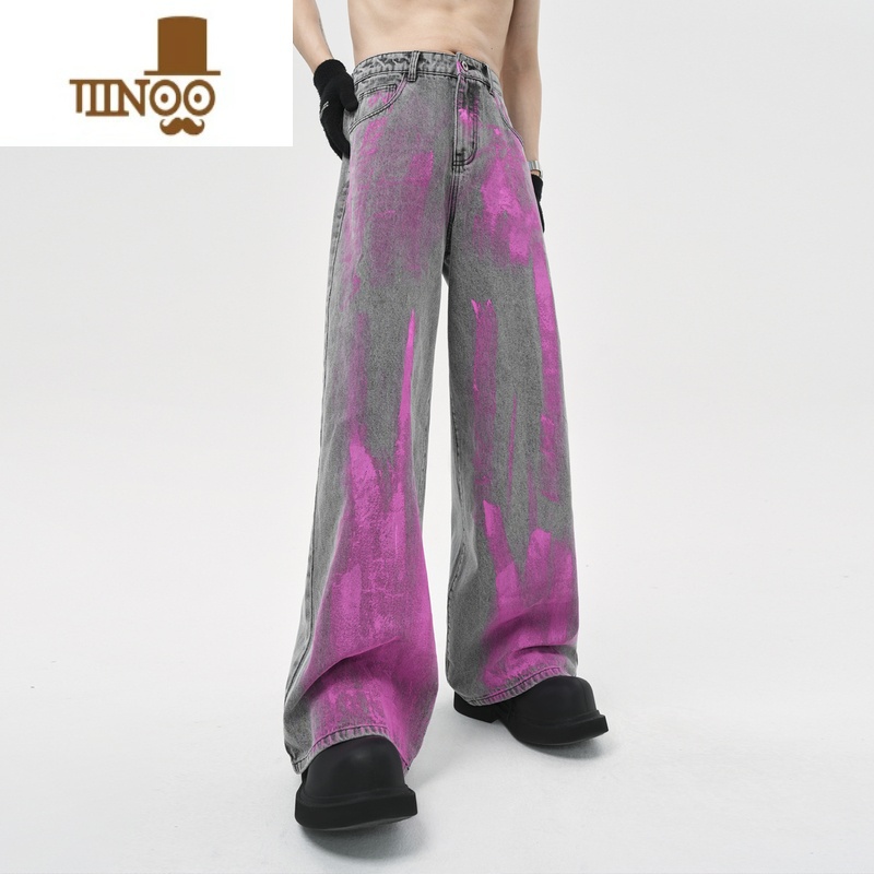 YANXU涂层牛仔裤男美式高街 废土风灰色阔腿裤男女A型烟灰色拖地裤