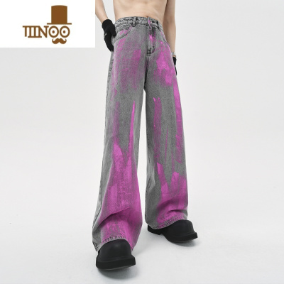 YANXU涂层牛仔裤男美式高街 废土风灰色阔腿裤男女A型烟灰色拖地裤