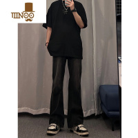 YANXU黑色弹力微喇牛仔裤男复古夏季美式高街潮牌vibe裤子痞帅直筒长裤