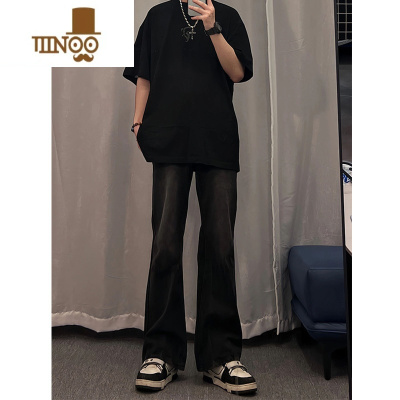 YANXU黑色弹力微喇牛仔裤男复古夏季美式高街潮牌vibe裤子痞帅直筒长裤