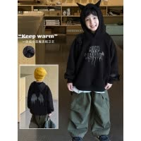 童酷男童冬款立体小角恶魔印花帅气连帽一体绒加厚儿童卫衣潮