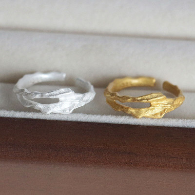 S925纯银不规则古法烧银树枝纹理戒指女开口指环食指戒小众设计感送女朋友老婆情人节七夕生日礼物