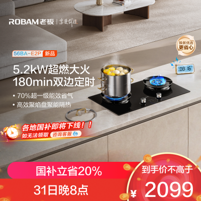 老板(Robam)E2P燃气灶联动定时灶家用厨房灶具 5.2kW 70%热效率56BA-E2P 天然气 延期发货15天