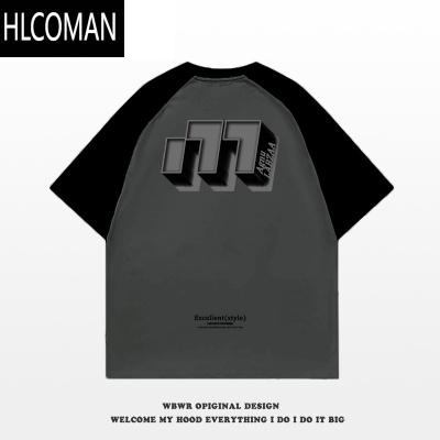 HLCOMAN美式设计感印花拼接短袖T恤男夏季潮牌百搭宽松情侣插肩上衣