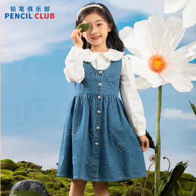 [1件3折]铅笔俱乐部童装2025秋装新款女童连衣裙儿童牛仔背心裙中大童V领裙子
