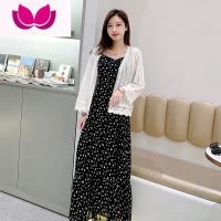七斓碎花吊带裙内搭连衣裙女夏新款套装气质显瘦黑色雪纺仙女长裙