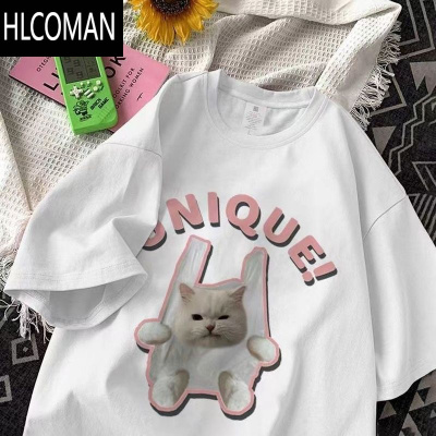 HLCOMAN短袖t恤女韩版潮宽松美式复古猫猫t恤夏季班服百搭高街男
