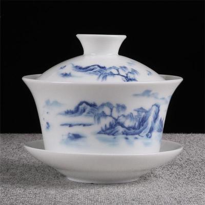 手抓式泡茶壶功夫盖碗茶杯中大号青花瓷泡茶碗器白瓷三才碗手抓壶特大号高白瓷-江山如画