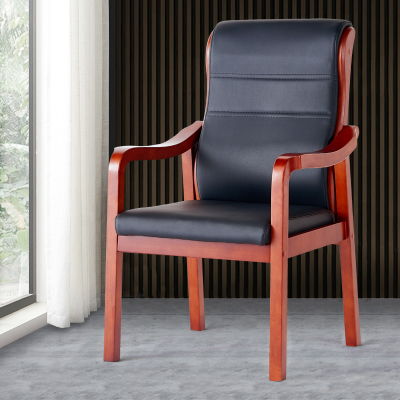 全简实木会议椅时尚简约办公职员麻将椅电脑人体工学带扶手皮革椅加厚西皮