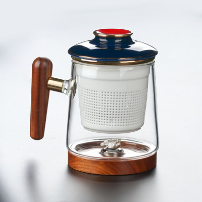 祥瑞泡茶杯茶水分离办公杯玻璃陶瓷内胆带盖木手把家用茶杯祥瑞泡茶杯（荠蓝）-3D银鲤鱼