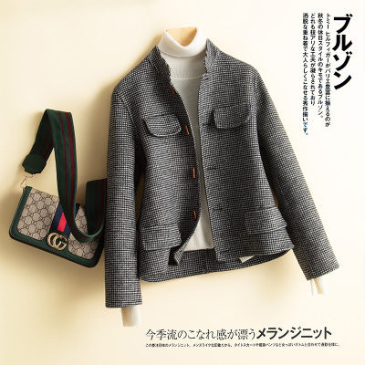 FISHBASKET新款双面绒大衣女短款修身小矮个子千鸟格子毛呢外套毛毛呢外套