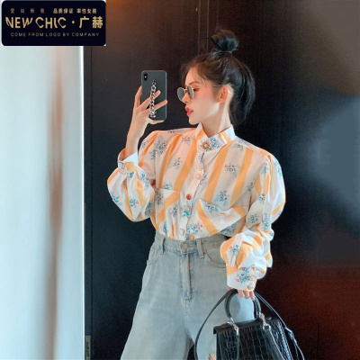 广赫大码慵懒风复古重工立领碎花泡泡袖衬衫女韩版气质时尚潮流上衣女衬衫