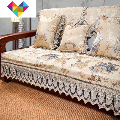 新中式沙发垫套罩四季通用布艺欧式冬季防滑123组合客厅实木盖巾花影流年-米色（70+裙摆）*120cm御蓝锦