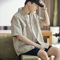 [2.5折价98元]唐狮夏季新款短袖衬衫男美式重磅工装外套复古休闲宽松衬衣