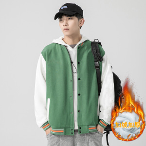 男装棒球服加绒秋冬季潮牌宽松立领罗纹纯色开衫夹克外套男士