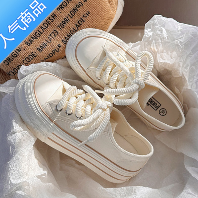 SUNTEK韩系百搭小白鞋女2023夏季薄款学生厚底帆布鞋小众原创配裙子女鞋