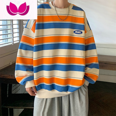 七斓卫衣男士2023新款撞色条纹长袖t恤宽松港风情侣潮牌打底衫