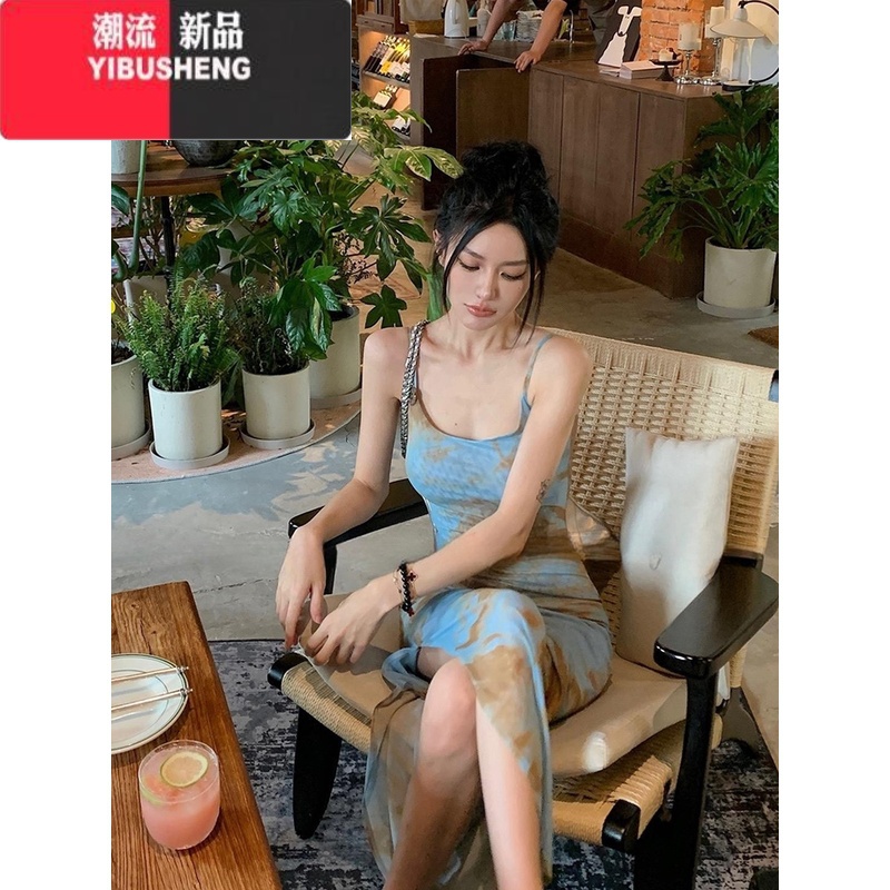YIBUSHENG复古油画扎染连衣裙女季修身中式吊带裙纯欲风辣妹性感开叉长裙