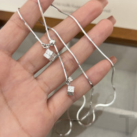 s925韩版小众设计肌理纹方块抽拉纯银项链女冷淡风叠戴百搭锁骨链